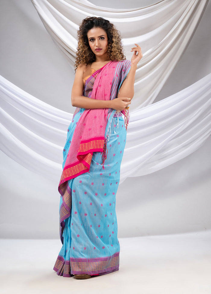 Sky Blue Pure Cotton Saree With Blouse Piece - Indian Silk House Agencies