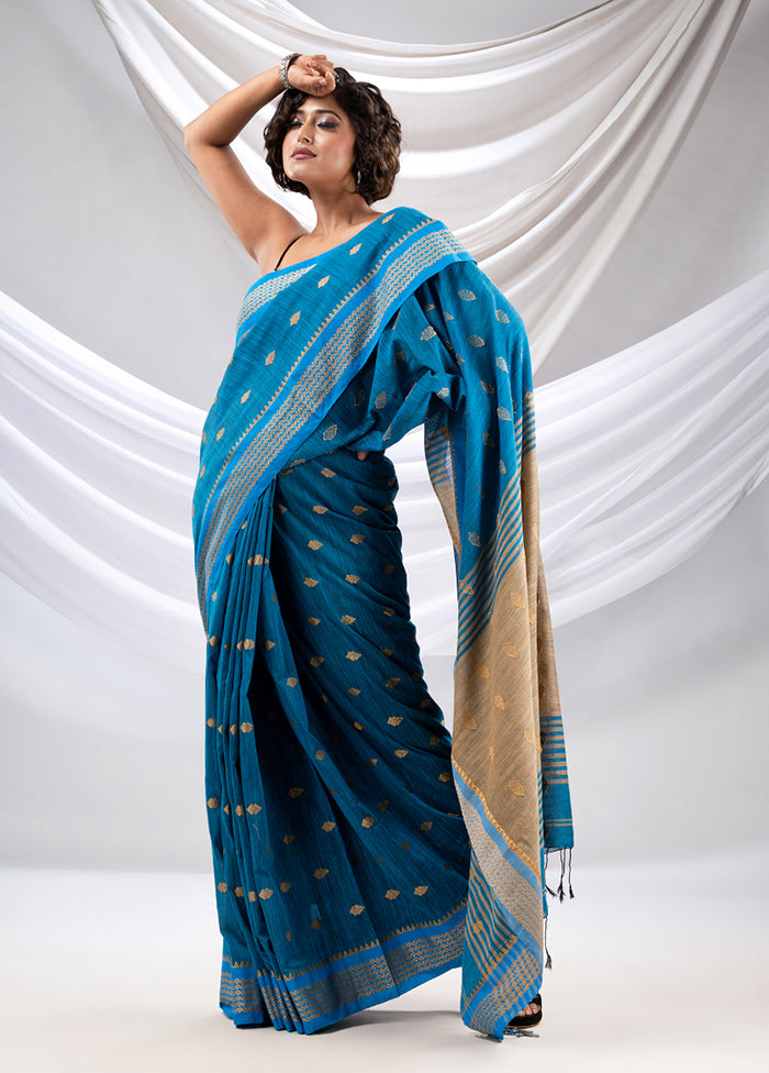 Blue Pure Cotton Saree With Blouse Piece - Indian Silk House Agencies