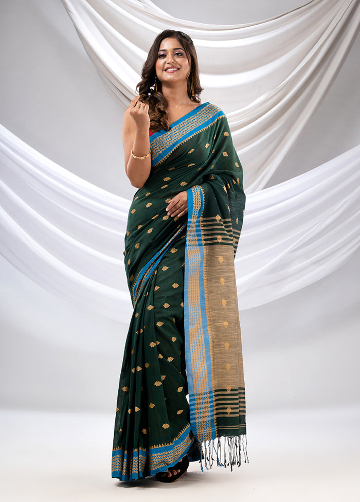 Dark Green Pure Cotton Saree With Blouse Piece - Indian Silk House Agencies