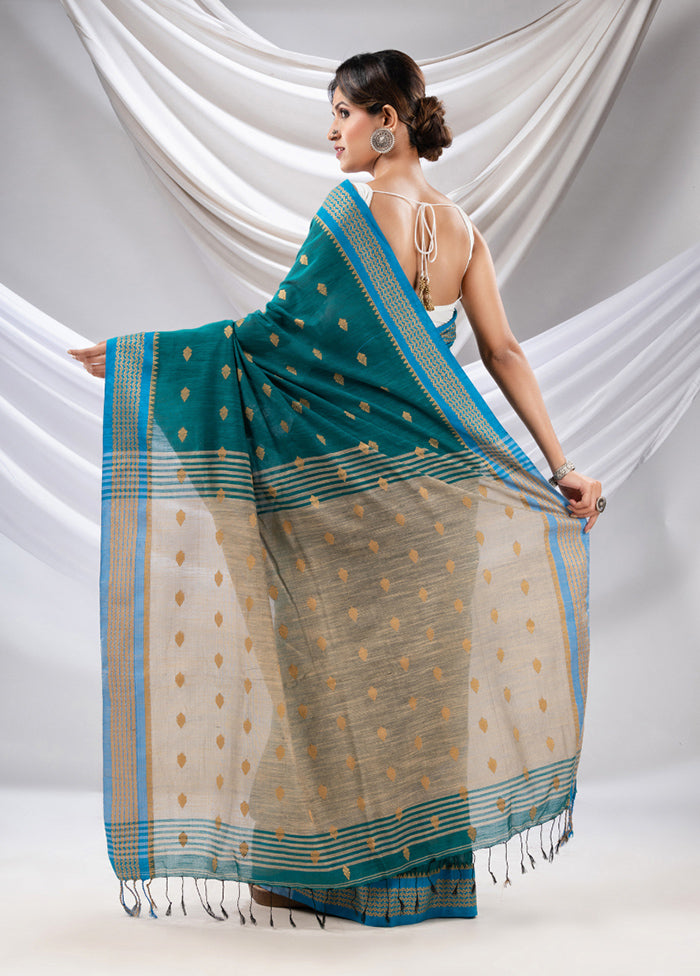 Teal Pure Cotton Saree With Blouse Piece - Indian Silk House Agencies