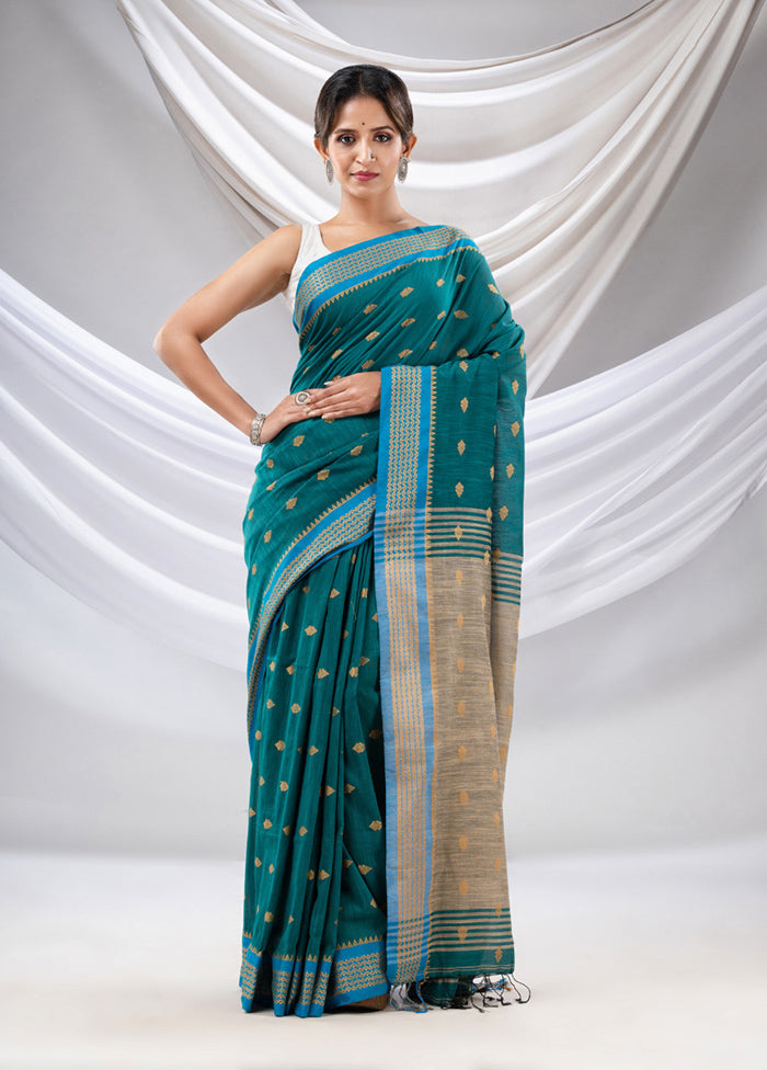 Teal Pure Cotton Saree With Blouse Piece - Indian Silk House Agencies