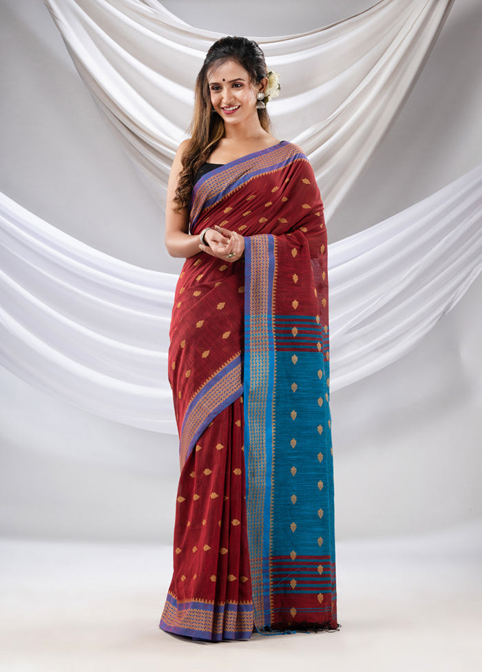 Dark Red Pure Cotton Saree With Blouse Piece - Indian Silk House Agencies