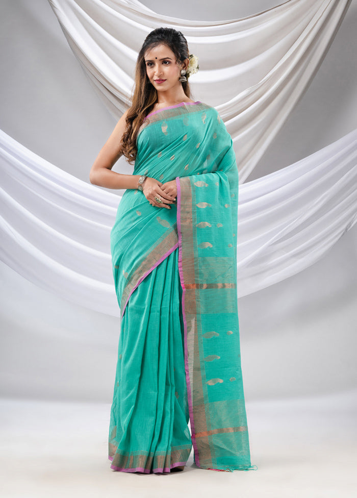 Sea Green Pure Cotton Saree With Blouse Piece - Indian Silk House Agencies