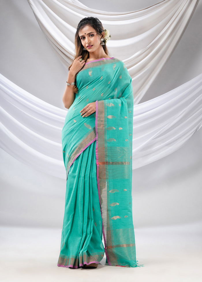 Sea Green Pure Cotton Saree With Blouse Piece - Indian Silk House Agencies