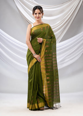 Moss Green Pure Cotton Saree With Blouse Piece - Indian Silk House Agencies