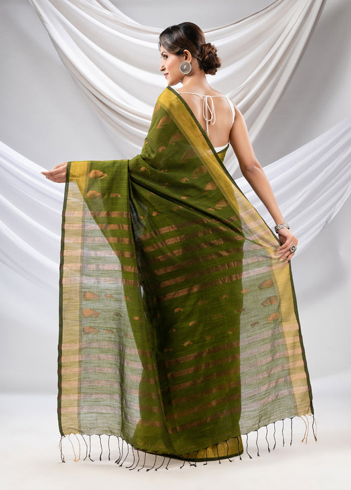 Moss Green Pure Cotton Saree With Blouse Piece - Indian Silk House Agencies