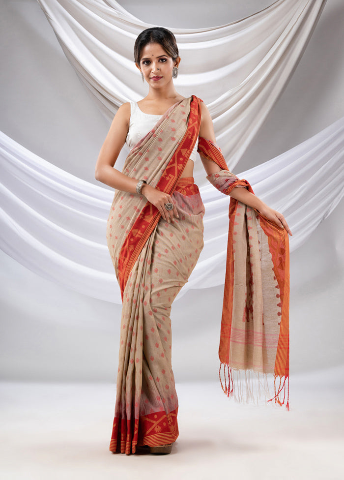 Beige Pure Cotton Saree With Blouse Piece - Indian Silk House Agencies