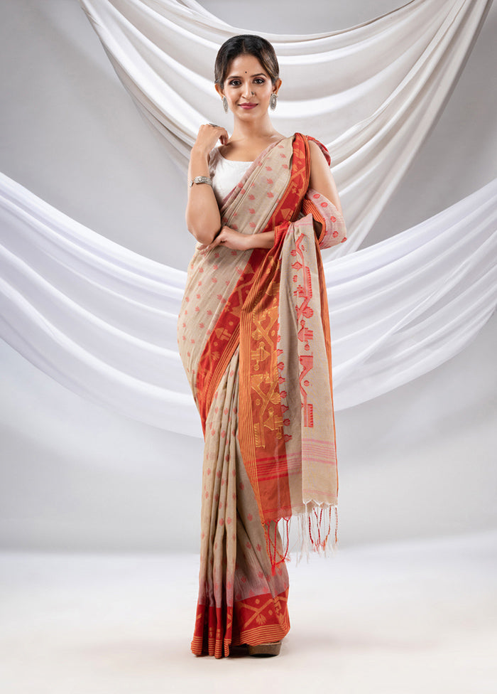 Beige Pure Cotton Saree With Blouse Piece - Indian Silk House Agencies