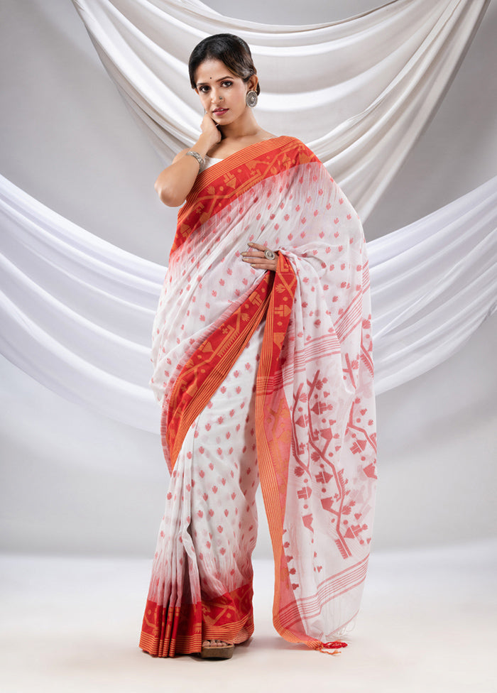 White Pure Cotton Saree With Blouse Piece - Indian Silk House Agencies