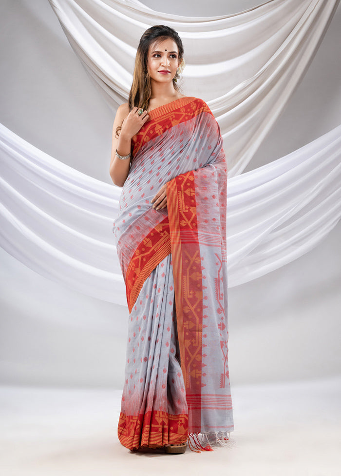 Bluish Grey Pure Cotton Saree With Blouse Piece - Indian Silk House Agencies