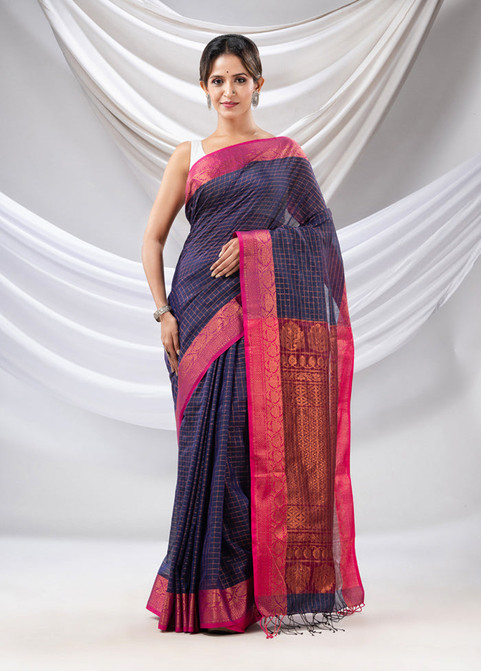 Navy Blue Spun Silk Saree With Blouse Piece - Indian Silk House Agencies