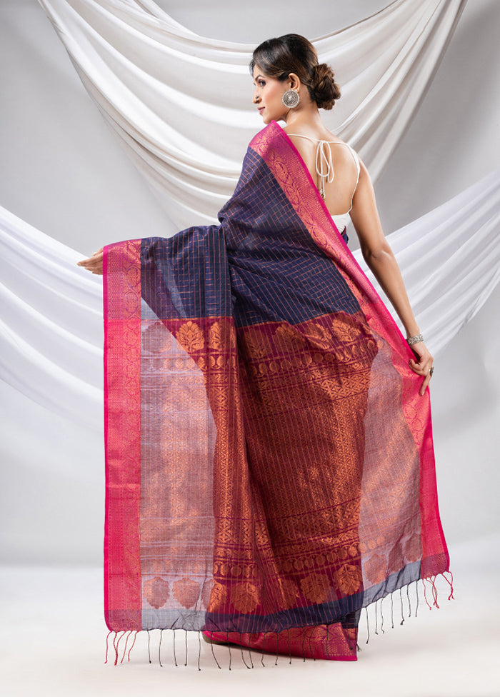 Navy Blue Spun Silk Saree With Blouse Piece - Indian Silk House Agencies