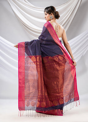 Navy Blue Spun Silk Saree With Blouse Piece - Indian Silk House Agencies