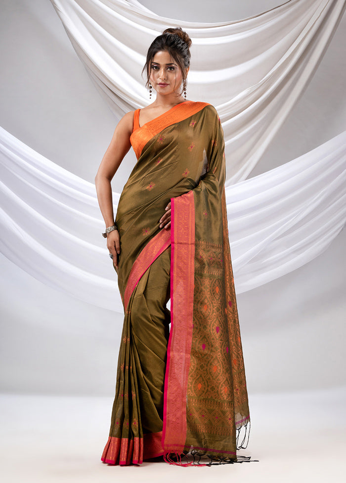 Olive Green Spun Silk Saree With Blouse Piece - Indian Silk House Agencies