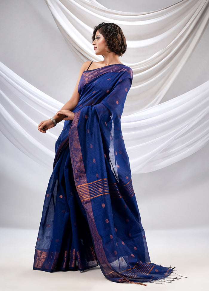 Royal Blue Cotton Saree With Blouse Piece - Indian Silk House Agencies