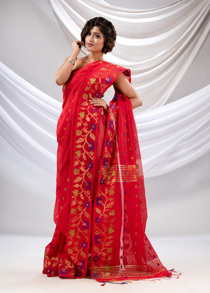 Red Cotton Saree With Blouse Piece - Indian Silk House Agencies