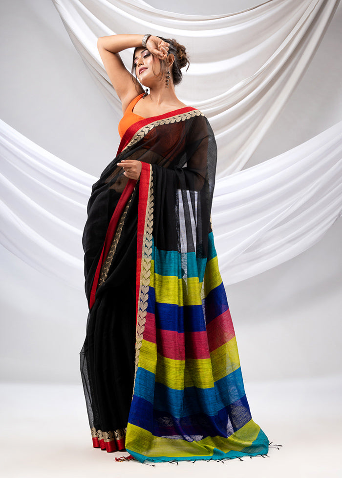 Black Pure Cotton Saree With Blouse Piece - Indian Silk House Agencies