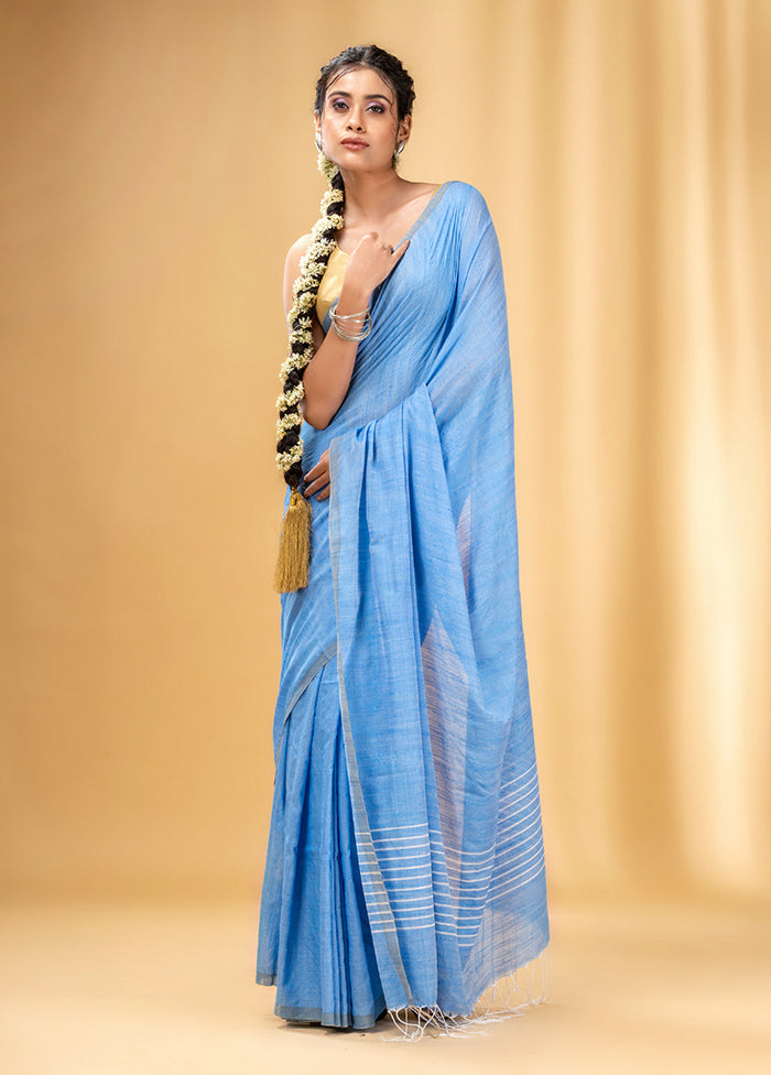 Light Blue Cotton Saree With Blouse Piece - Indian Silk House Agencies