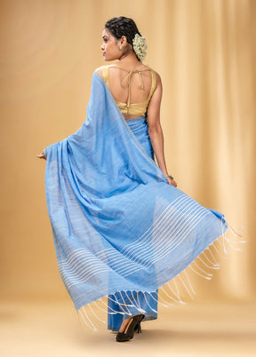 Light Blue Cotton Saree With Blouse Piece - Indian Silk House Agencies