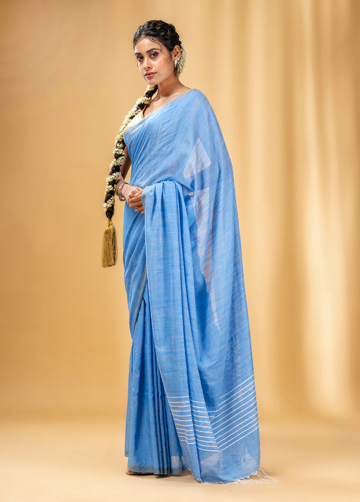 Light Blue Cotton Saree With Blouse Piece - Indian Silk House Agencies