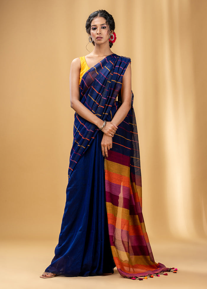 Royal Blue Cotton Saree With Blouse Piece - Indian Silk House Agencies