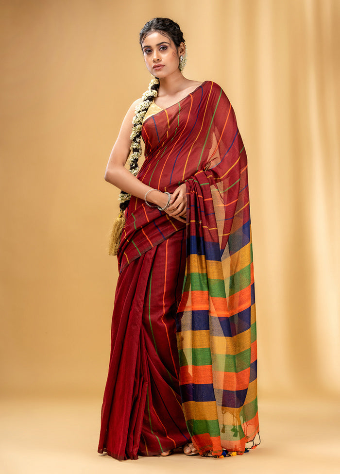 Brick Red Cotton Saree With Blouse Piece - Indian Silk House Agencies