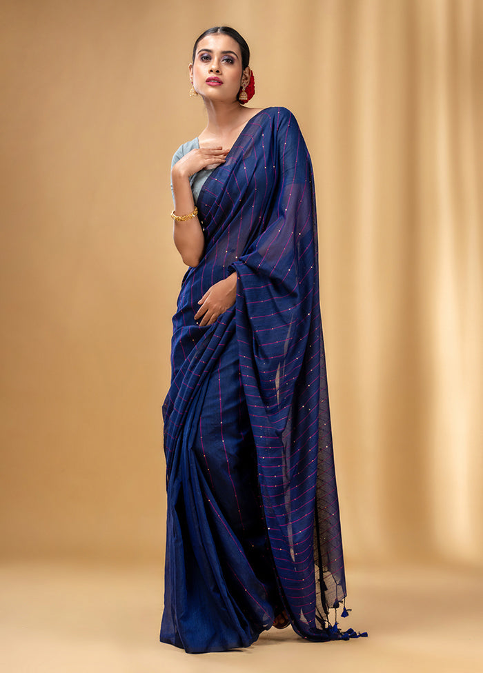 Navy Blue Cotton Saree With Blouse Piece - Indian Silk House Agencies