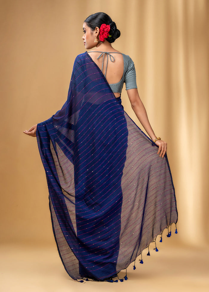 Navy Blue Cotton Saree With Blouse Piece - Indian Silk House Agencies