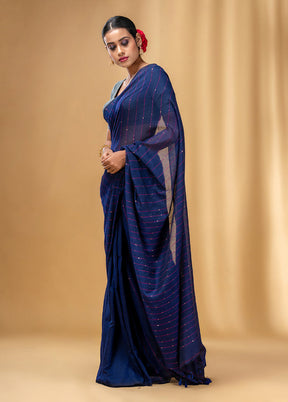 Navy Blue Cotton Saree With Blouse Piece - Indian Silk House Agencies