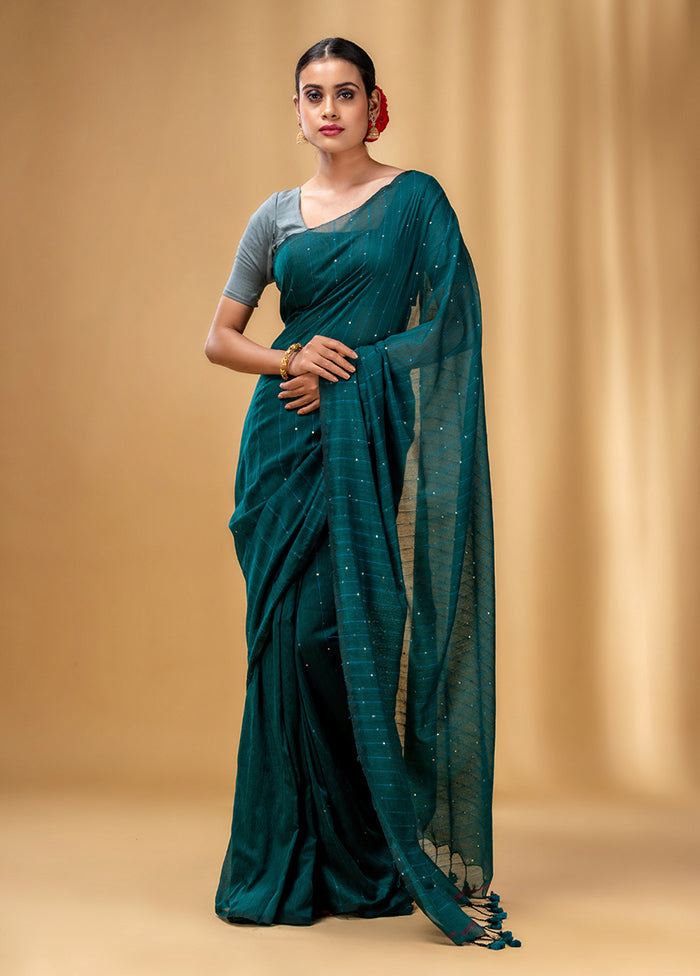 Teal Cotton Saree With Blouse Piece - Indian Silk House Agencies