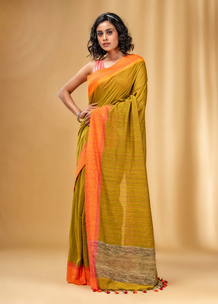 Mustard Cotton Saree With Blouse Piece - Indian Silk House Agencies