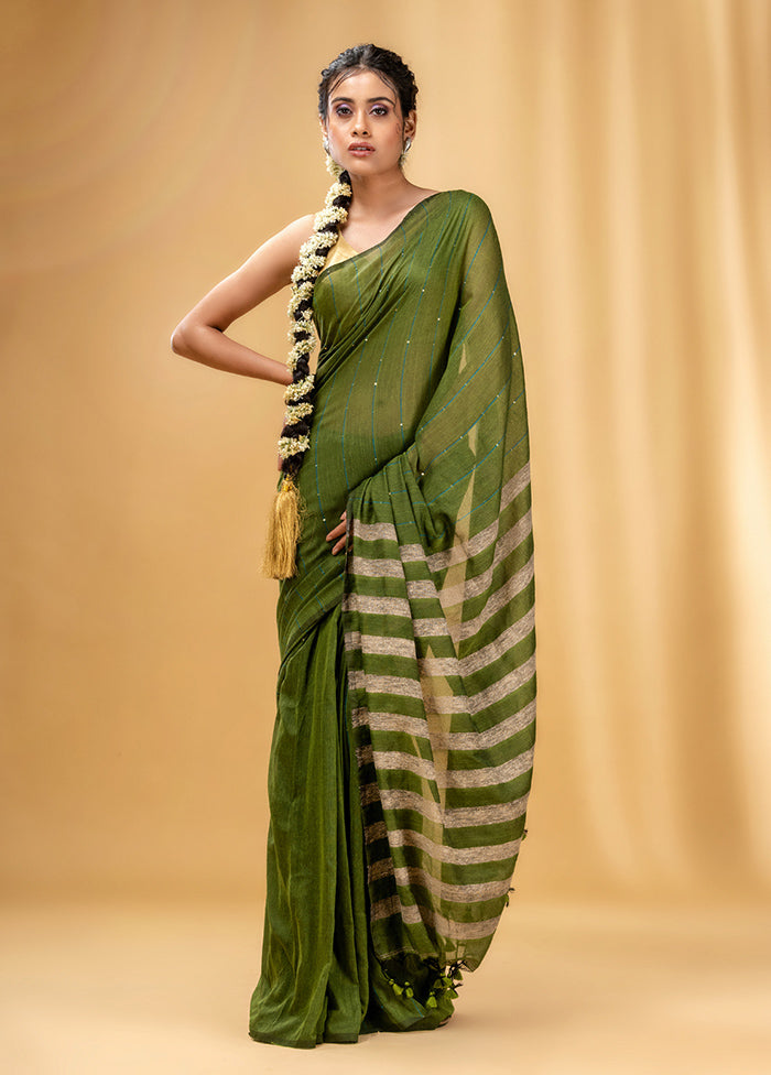 Green Cotton Saree With Blouse Piece - Indian Silk House Agencies