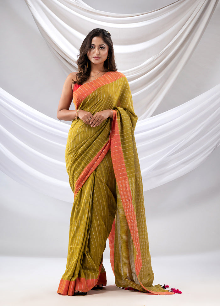 Mustard Cotton Saree With Blouse Piece - Indian Silk House Agencies