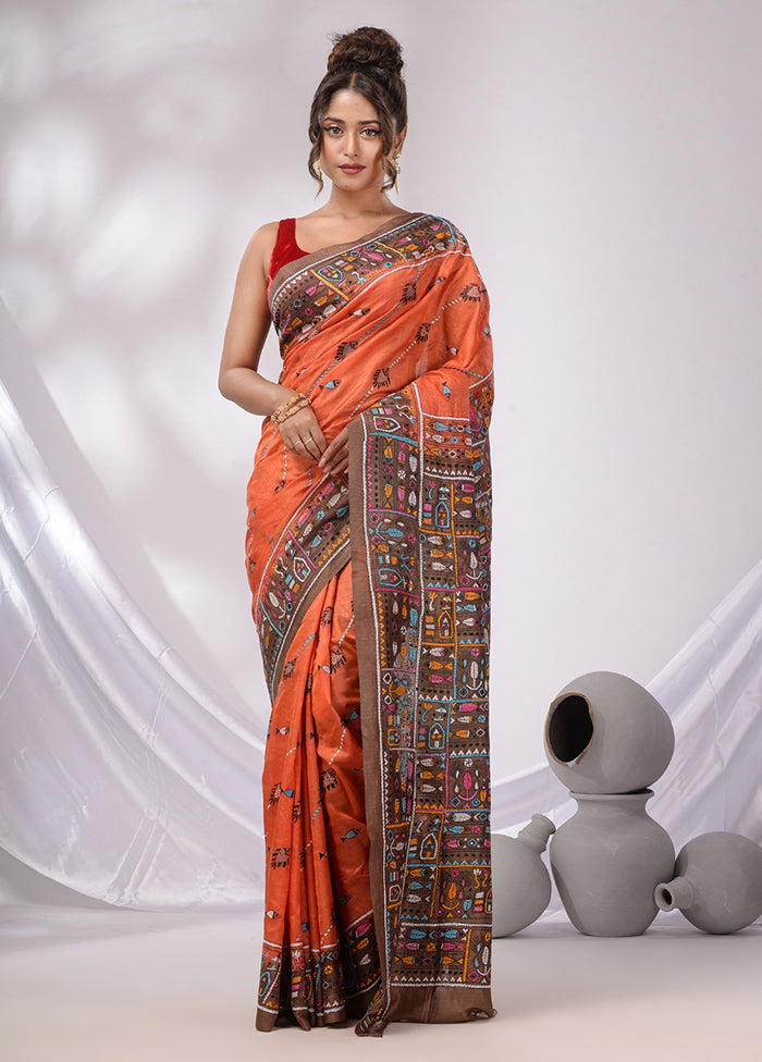 Orange Spun Pure Silk Saree With Blouse Piece - Indian Silk House Agencies