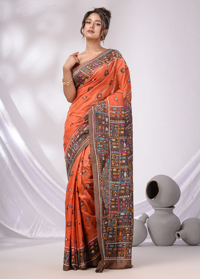 Orange Spun Pure Silk Saree With Blouse Piece - Indian Silk House Agencies