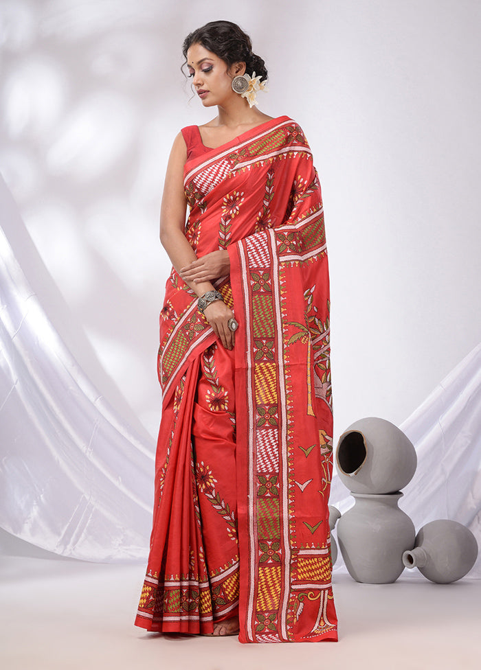 Red Spun Pure Silk Saree With Blouse Piece - Indian Silk House Agencies