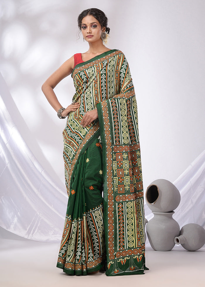 Green Spun Pure Silk Saree With Blouse Piece - Indian Silk House Agencies