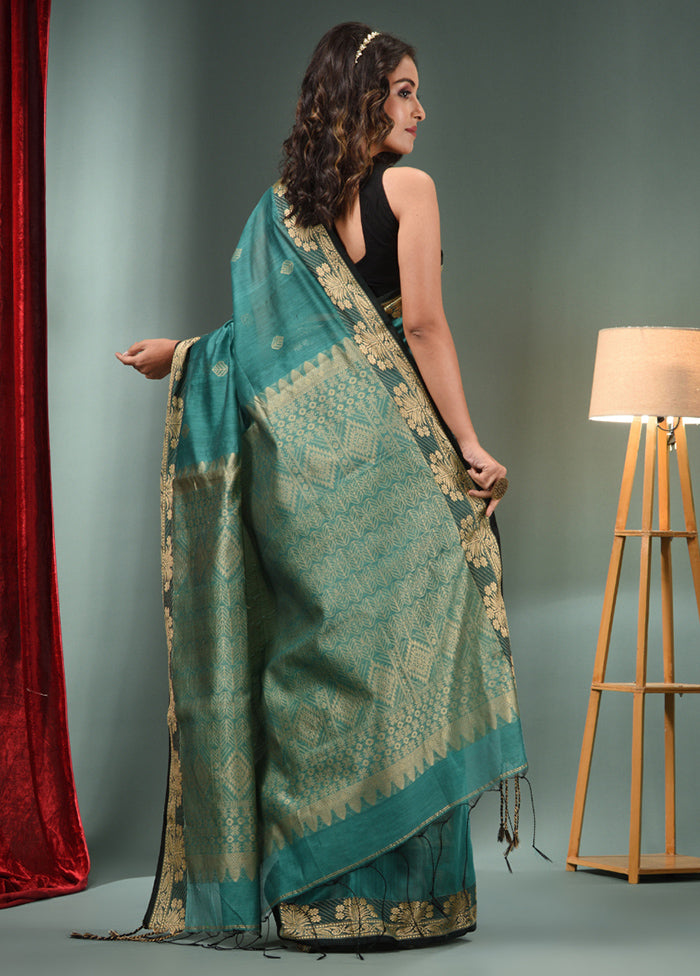 Teal Cotton Saree With Blouse Piece - Indian Silk House Agencies