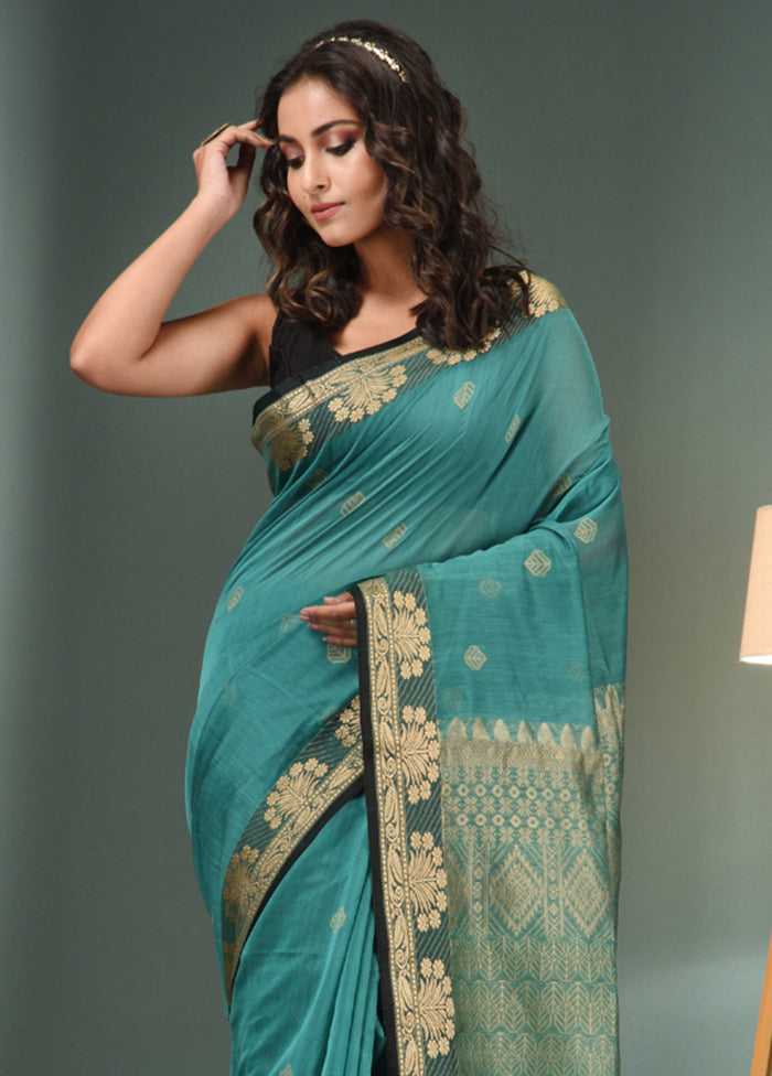 Teal Cotton Saree With Blouse Piece - Indian Silk House Agencies