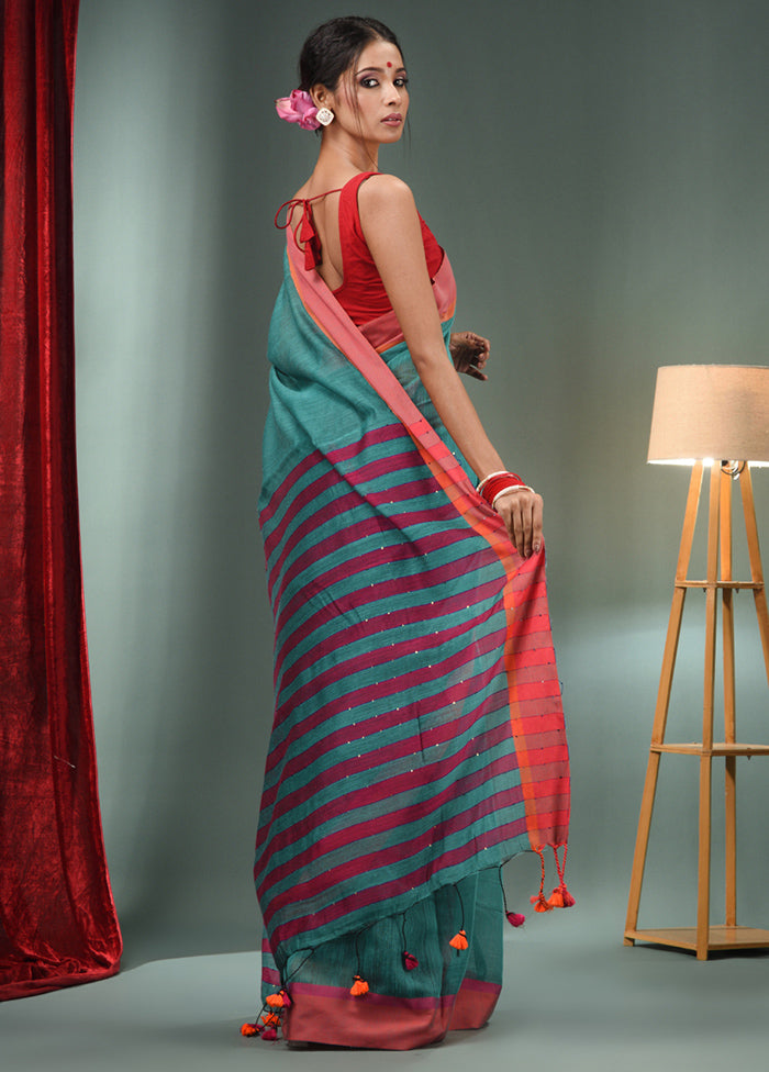 Teal Cotton Saree With Blouse Piece - Indian Silk House Agencies