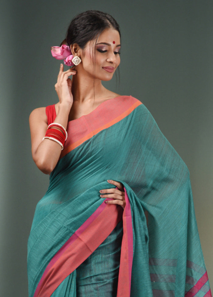 Teal Cotton Saree With Blouse Piece - Indian Silk House Agencies