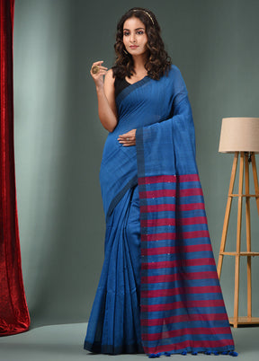 Blue Cotton Saree With Blouse Piece - Indian Silk House Agencies