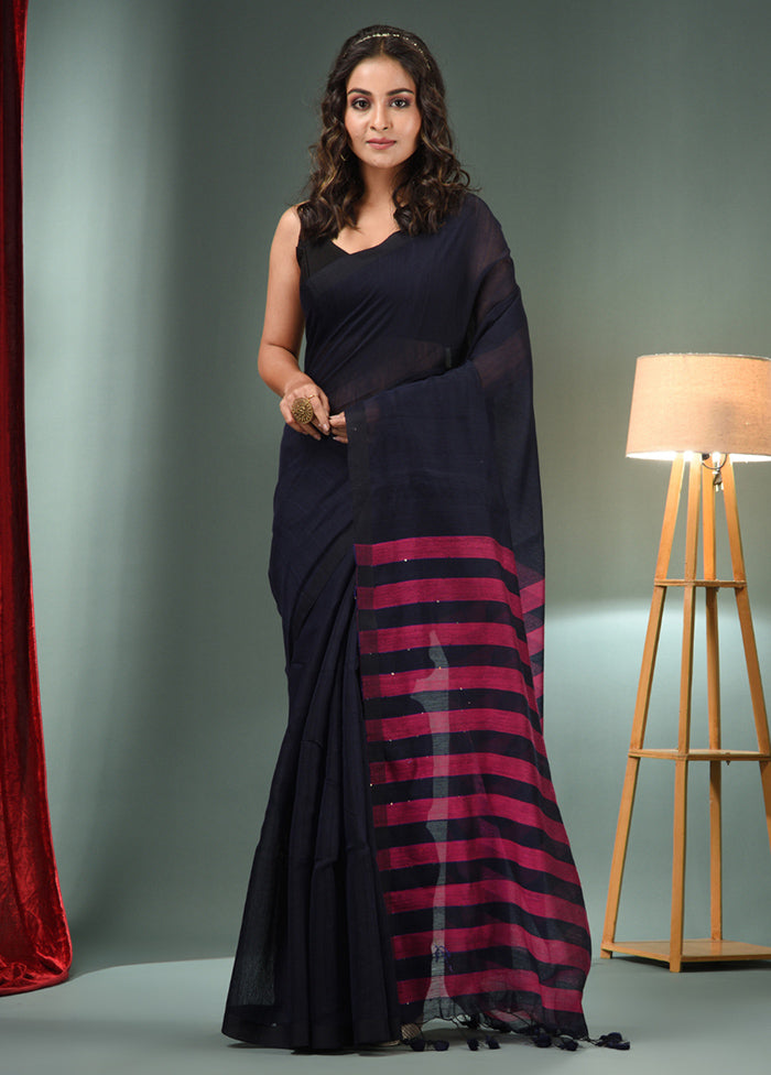 Black Cotton Saree With Blouse Piece - Indian Silk House Agencies