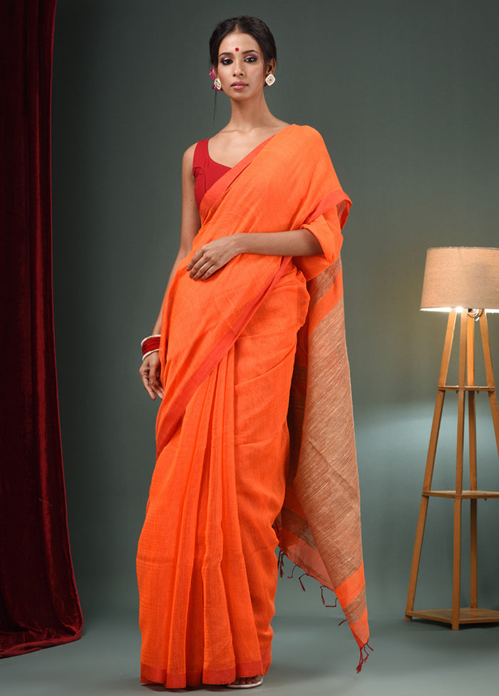 Orange Cotton Saree With Blouse Piece - Indian Silk House Agencies