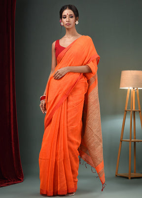 Orange Cotton Saree With Blouse Piece - Indian Silk House Agencies