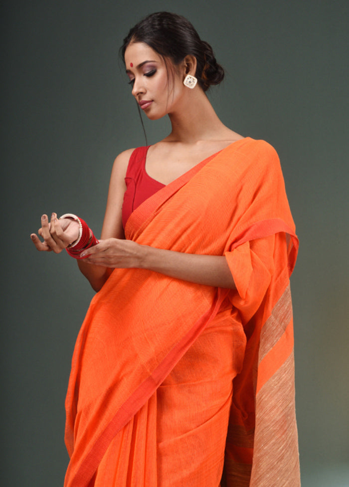 Orange Cotton Saree With Blouse Piece - Indian Silk House Agencies