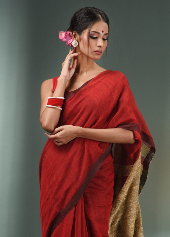 Red Cotton Saree With Blouse Piece - Indian Silk House Agencies