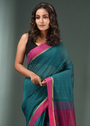 Teal Green Cotton Saree With Blouse Piece - Indian Silk House Agencies