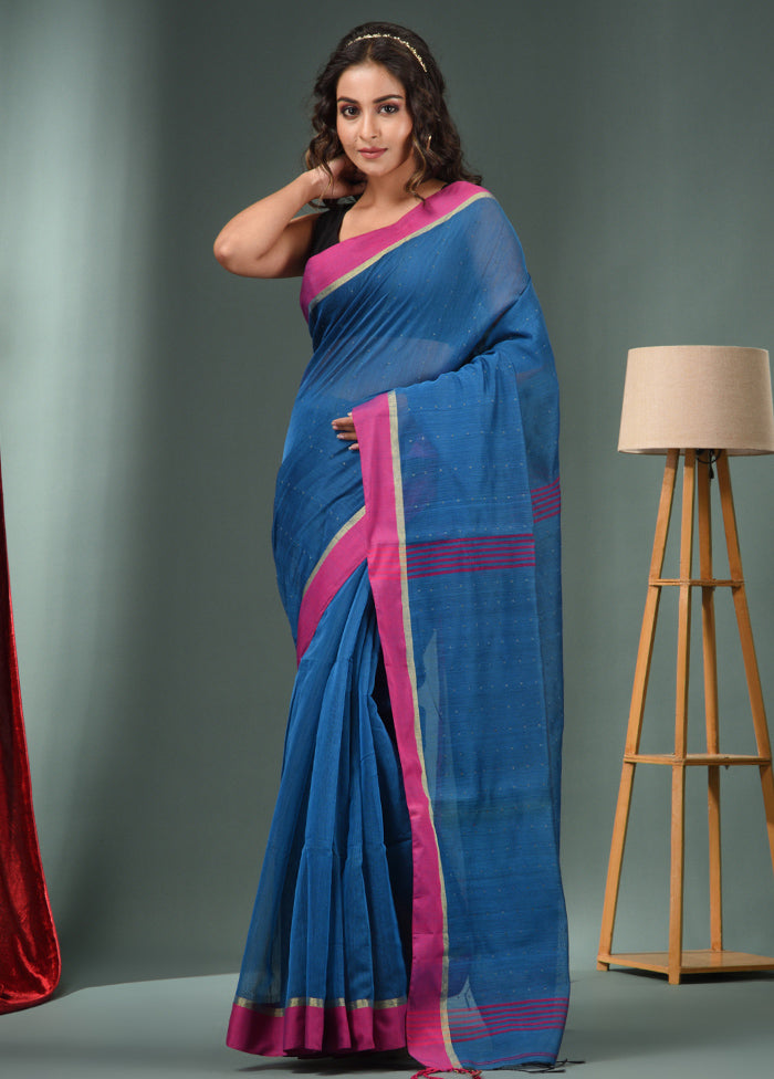 Blue Cotton Saree With Blouse Piece - Indian Silk House Agencies