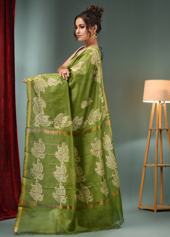 Light Green Dupion Silk Saree With Blouse Piece - Indian Silk House Agencies